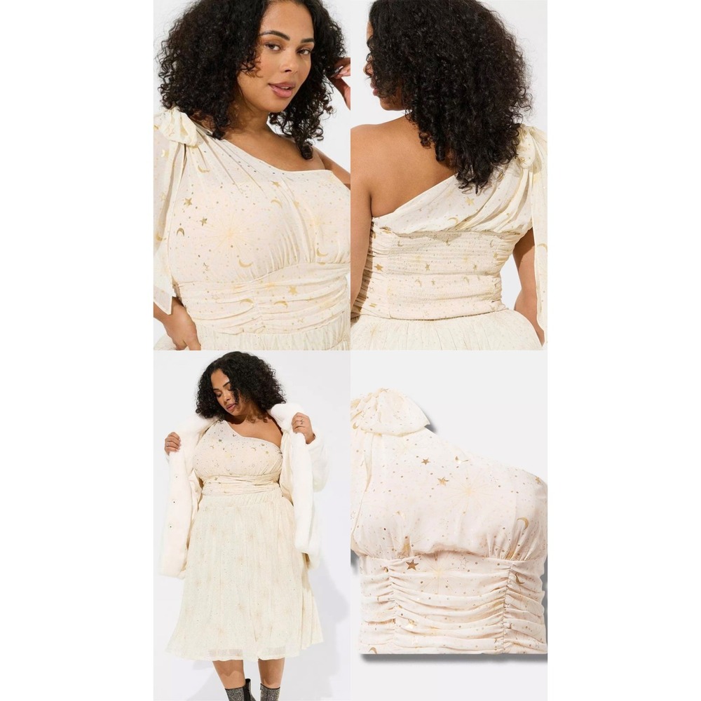 Torrid Chiffon Gold Foil One Shoulder Crop Top Star Cluster Celestial Cream 2 2X